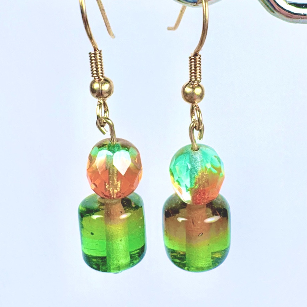 Earrings Pierced Handcrafted Unique Autumn Green/Orange Barrel/Ball Glass Beads